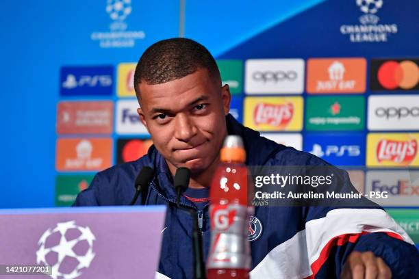 Kylian Mbappe of Paris Saint-Germain answers journalists during a press conference ahead of their UEFA Champions League group H match against...