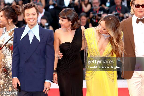 Harry Styles, Sydney Chandler and Olivia Wilde attend the "Don't Worry Darling" red carpet at the 79th Venice International Film Festival on...