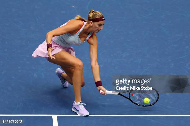 Petra Kvitova of Czech Republic returns a shot against Jessica Pegula of the United States during their Women’s Singles Fourth Round match on Day...