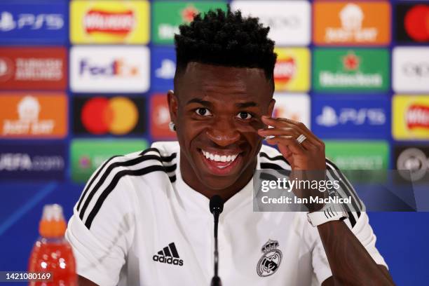 Vinicius Junior of Real Madrid speaks during a press conference ahead of their UEFA Champions League group F match against Celtic FC at Celtic Park...