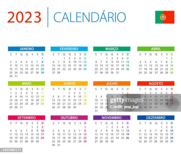 ilustrações, clipart, desenhos animados e ícones de calendário 2023 portugal - ilustração vetorial de cores. versão em português. - calendario