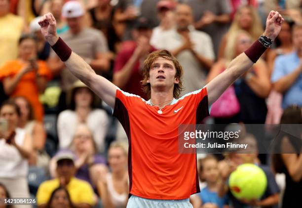 Andrey Rublev celebrates after defeating Cameron Norrie of Great Britain during their Men’s Singles Fourth Round match on Day Eight of the 2022 US...