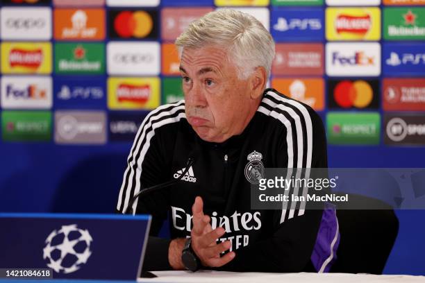 Carlo Ancelotti, Head Coach of Real Madrid speaks during a press conference ahead of their UEFA Champions League group F match against Celtic FC at...