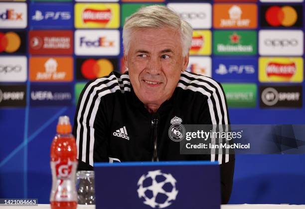 Carlo Ancelotti, Head Coach of Real Madrid speaks during a press conference ahead of their UEFA Champions League group F match against Celtic FC at...