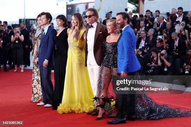 Gemma Chan, Harry Styles, Sydney Chandler, Olivia Wilde, Chris Pine, Florence Pugh and Nick Kroll attend the "Don't Worry Darling" red carpet at the...