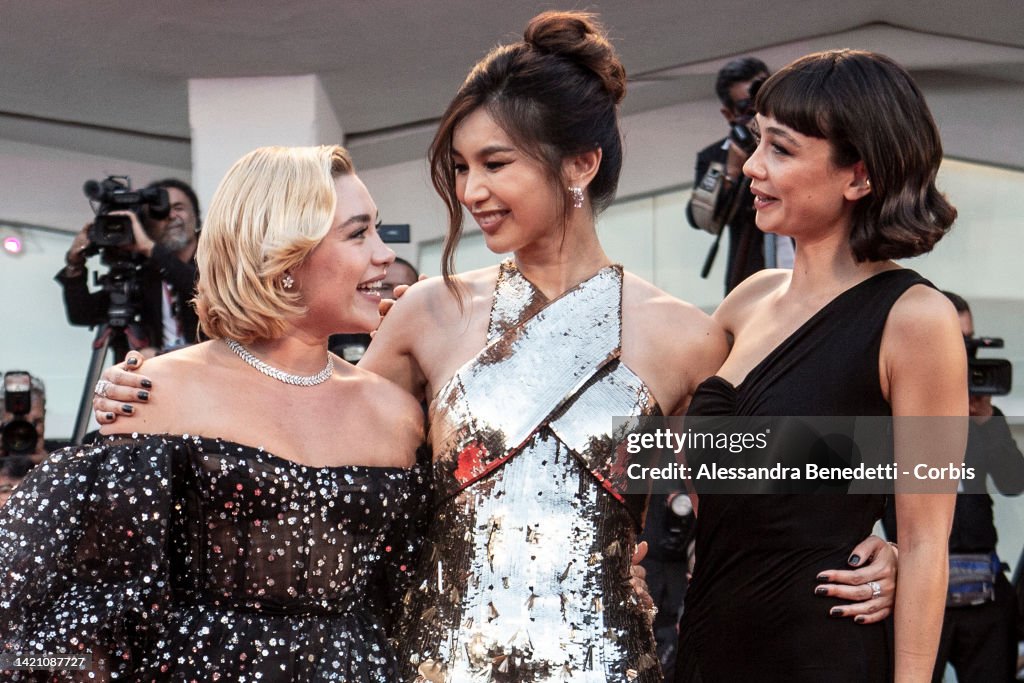 Florence Pugh, Gemma Chan and Sydney Chandler attend the "Don't Worry