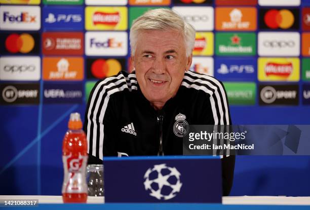 Carlo Ancelotti, Head Coach of Real Madrid speaks during a press conference ahead of their UEFA Champions League group F match against Celtic FC at...