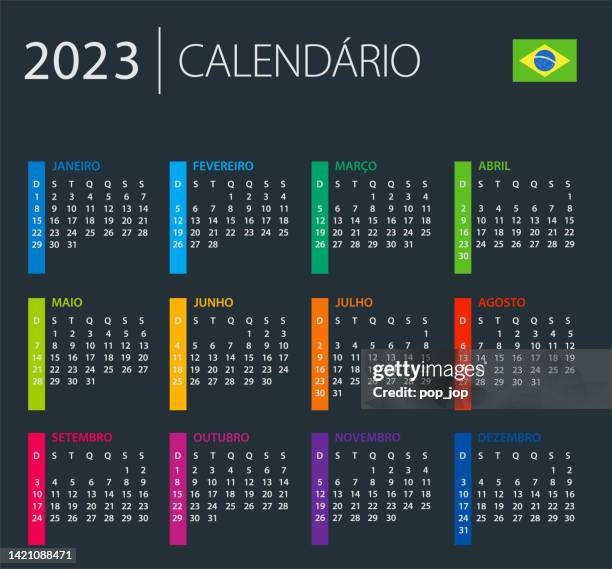 ilustrações, clipart, desenhos animados e ícones de calendário 2023 brasil - ilustração vetorial de cores. versão brasileira. língua portuguesa. fundo escuro. - língua portuguesa