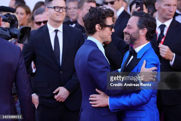 Harry Styles and Nick Kroll attend the "Don't Worry Darling" red carpet at the 79th Venice International Film Festival on September 05, 2022 in...