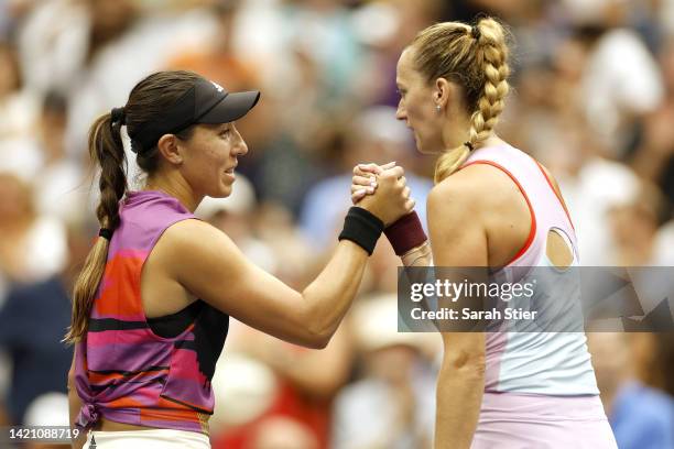 Jessica Pegula of the United States shakes hands after defeating Petra Kvitova of Czech Republic during their Women’s Singles Fourth Round match on...