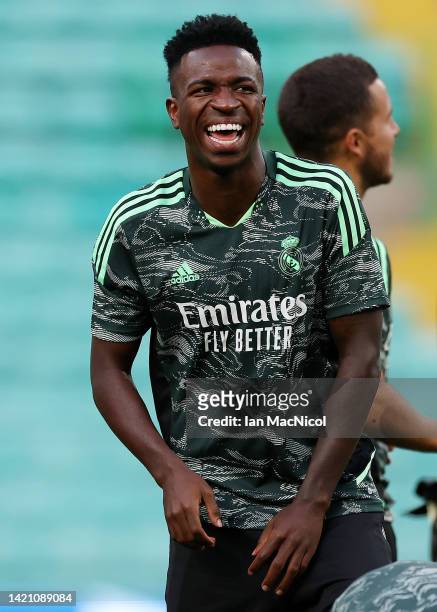 Vinicius Junior of Real Madrid reacts during a training session ahead of their UEFA Champions League group F match against Celtic FC at Celtic Park...