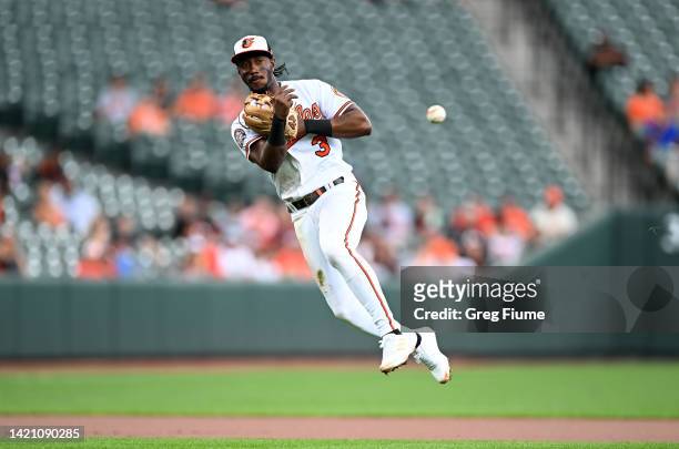Jorge Mateo of the Baltimore Orioles throws out Alejandro Kirk of the Toronto Blue Jays in the first inning at Oriole Park at Camden Yards during...