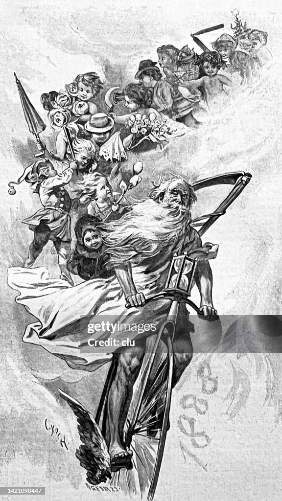 The god Cronus on a penny farthing bicycle followed by the 12 months