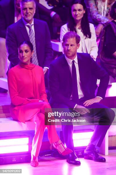 Meghan, Duchess of Sussex and Prince Harry, Duke of Sussex during the Opening Ceremony of the One Young World Summit 2022 at The Bridgewater Hall on...