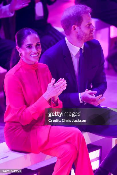 Meghan, Duchess of Sussex and Prince Harry, Duke of Sussex clapping during the Opening Ceremony of the One Young World Summit 2022 at The Bridgewater...