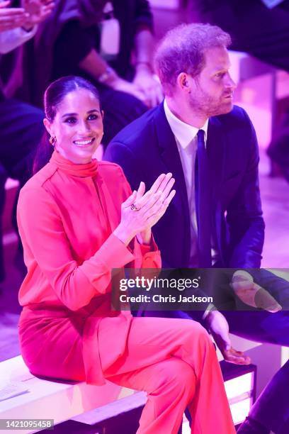 Meghan, Duchess of Sussex and Prince Harry, Duke of Sussex clapping during the Opening Ceremony of the One Young World Summit 2022 at The Bridgewater...