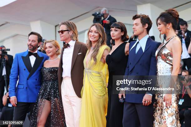 Nick Kroll, Florence Pugh, Chris Pine, Olivia Wilde, Sydney Chandler, Harry Styles and Gemma Chan attend the "Don't Worry Darling" red carpet at the...
