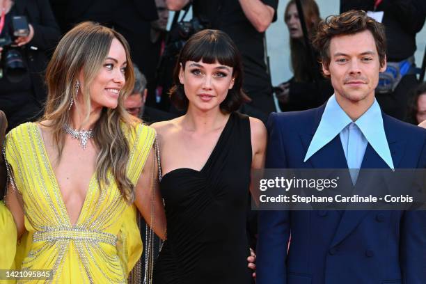 Olivia Wilde, Sydney Chandler and Harry Styles attend the "Don't Worry Darling" red carpet at the 79th Venice International Film Festival on...