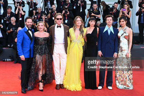Nick Kroll, Florence Pugh, Chris Pine, Olivia Wilde, Sydney Chandler, Harry Styles and Gemma Chan attend the "Don't Worry Darling" red carpet at the...