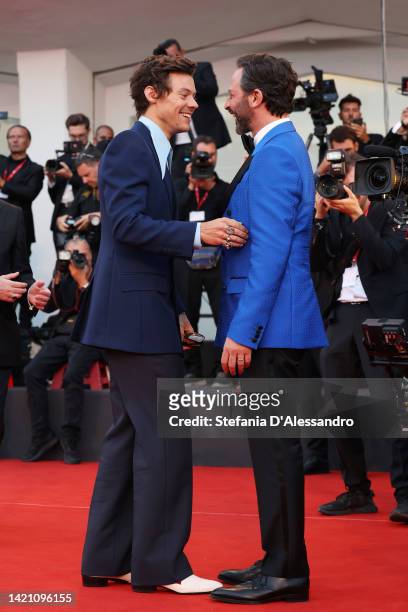 Nick Kroll and Harry Styles attend the "Don't Worry Darling" red carpet at the 79th Venice International Film Festival on September 05, 2022 in...