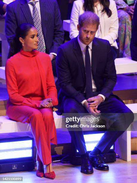 Meghan, Duchess of Sussex and Prince Harry, Duke of Sussex during the Opening Ceremony of the One Young World Summit 2022 at The Bridgewater Hall on...