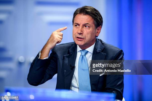 Star Movement leader Giuseppe Conte attends the television talk-show "Porta a Porta" broadcast on the Rai Uno channel, on September 5, 2022 in Rome,...