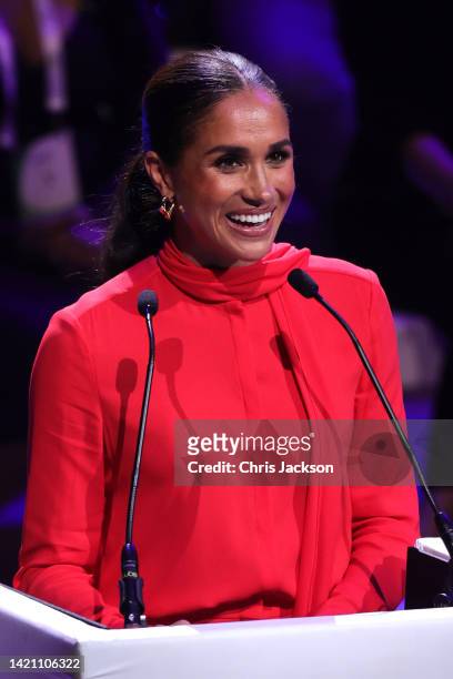 Meghan, Duchess of Sussex makes the keynote speech during the Opening Ceremony of the One Young World Summit 2022 at The Bridgewater Hall on...