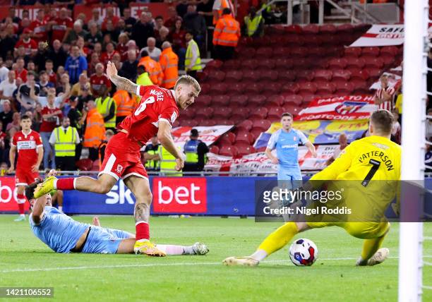 Riley McGree of Middlesbrough scores their sides first goal during the Sky Bet Championship match between Middlesbrough and Sunderland at Riverside...