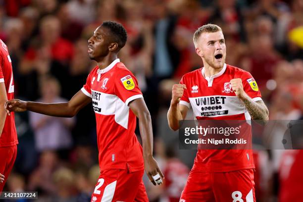 Riley McGree of Middlesbrough celebrates after scoring their sides first goal during the Sky Bet Championship match between Middlesbrough and...