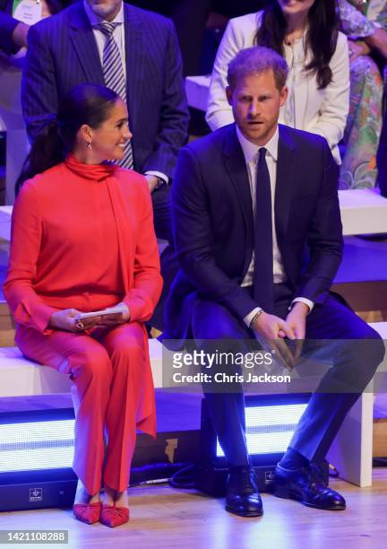 Meghan, Duchess of Sussex and Prince Harry, Duke of Sussex during the Opening Ceremony of the One Young World Summit 2022 at The Bridgewater Hall on...