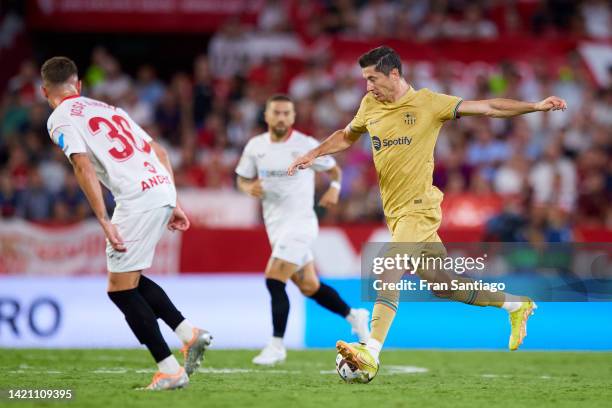 Robert Lewandowski of FC Barcelona in action during the LaLiga Santander match between Sevilla FC and FC Barcelona at Estadio Ramon Sanchez Pizjuan...