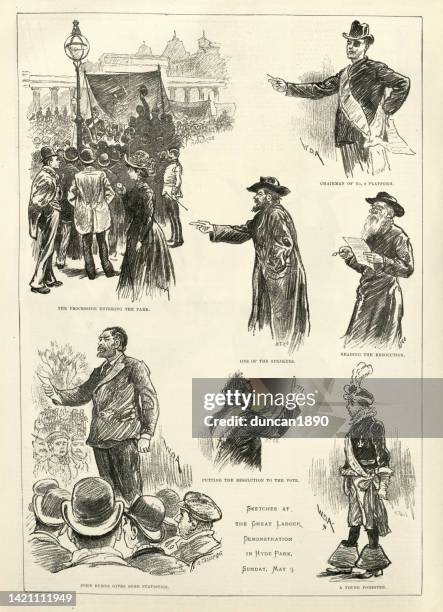 ilustraciones, imágenes clip art, dibujos animados e iconos de stock de bocetos en la gran manifestación laborista en hyde park, londres, 3 de mayo de 1891, 1891 - socialismo