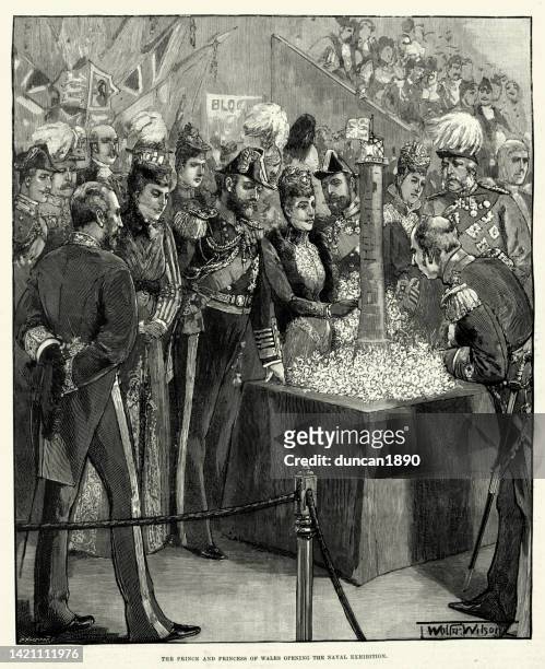 prince, later king edward vii and princess of wales, alexandra of denmark , opening the naval exhibition, 1891 - architectural model stock illustrations