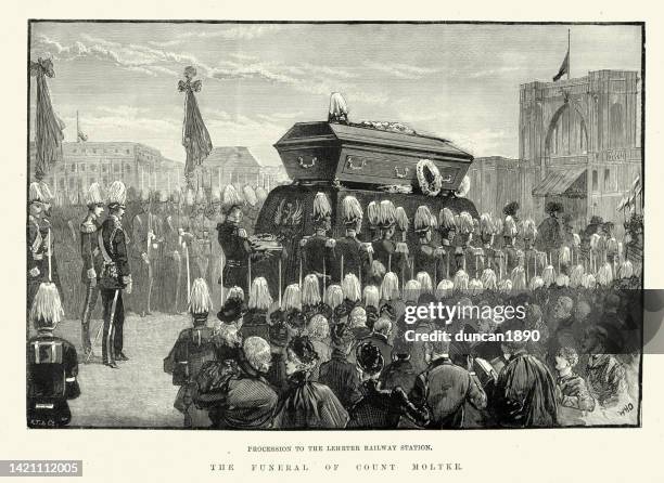 stockillustraties, clipart, cartoons en iconen met funeral of helmuth von moltke the elder, procession to the lehrter railway station, berlin, 1891 - rouwstoet