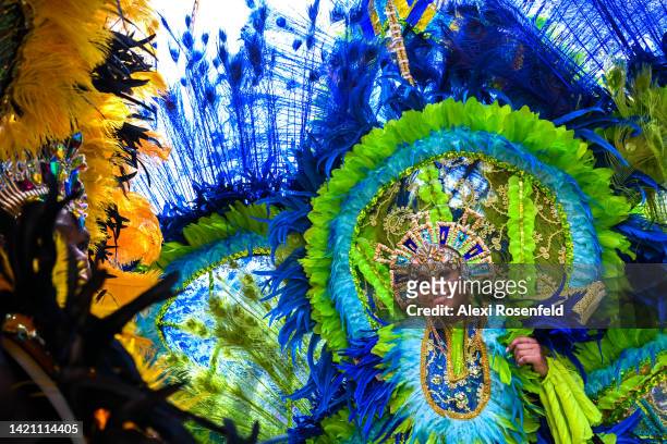 Woman smiles while wearing a large feathered costume in the annual West Indian Day parade on September 5, 2022 in the Brooklyn Borough of New York...