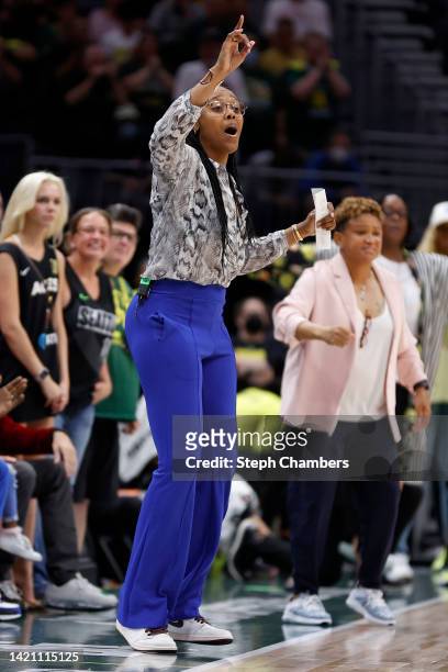 Head coach Noelle Quinn of the Seattle Storm reacts against the Las Vegas Aces during the fourth quarter in Game Three of the 2022 WNBA Playoffs...