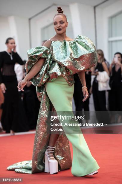 Tessa Thompson attends the "Don't Worry Darling" red carpet at the 79th Venice International Film Festival on September 05, 2022 in Venice, Italy.