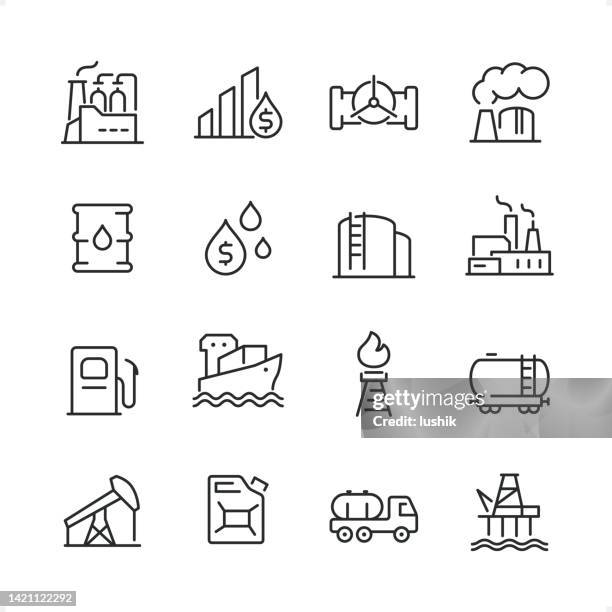 stockillustraties, clipart, cartoons en iconen met oil refinery - pixel perfect line icon set, editable stroke weight. - chemical industry