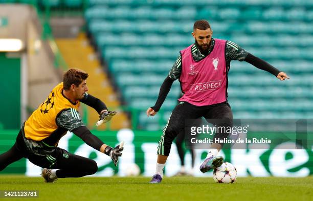 Karim Benzema, player of Real Madrid, is training with his teammates prior to their Champions League tie, at Celtic Park on September 05, 2022 in...