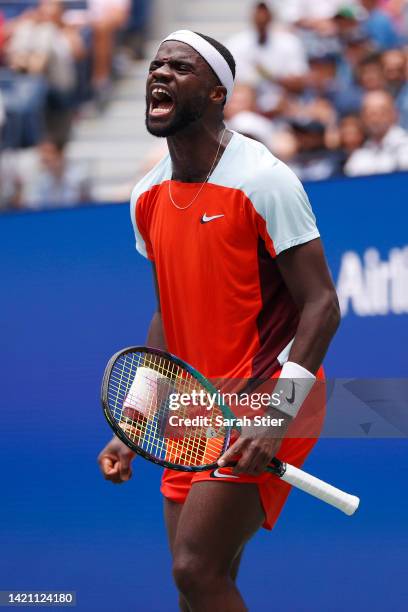 Frances Tiafoe of the United States reacts to a point against Rafael Nadal of Spain during their Men’s Singles Fourth Round match on Day Eight of the...