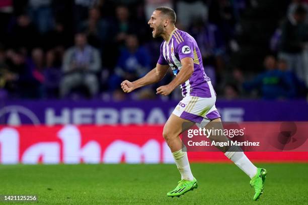 Shon Weissman of Real Valladolid celebrates after scoring their sides first goal during the LaLiga Santander match between Real Valladolid CF and UD...