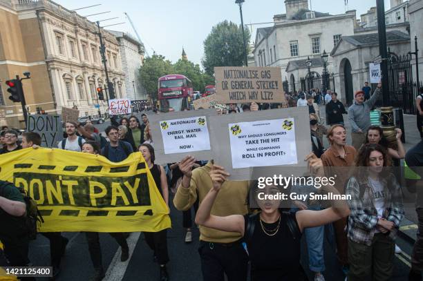 Protestors march from Downing street to trafalgar square on September 5, 2022 in London, England. The Dont Pay UK campaign's manifesto says "We are...