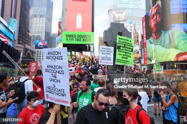 Pro-union protestors hold a rally at Times Square on September 05, 2022 in New York City. Members of the Amazon Labor Union led by Christian Smalls,...