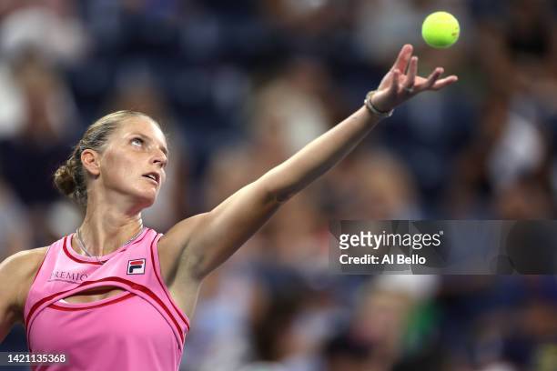 Karolina Pliskova of Czech Republic serves against Victoria Azarenka during their Women’s Singles Fourth Round match on Day Eight of the 2022 US Open...