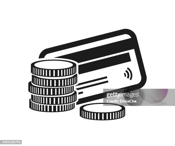 plastic credit, debit card and coins or betting tokens cut out vector silhouette - emblem credit card payment stock illustrations
