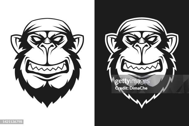 gorilla head in bandana cut out silhouette. angry ape character mascot - pirate criminal stock illustrations