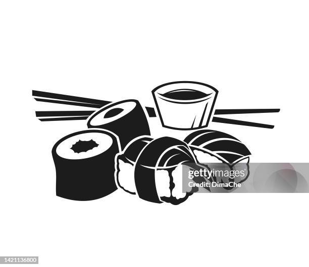 sushi fish, rolls, soy sauce and chopsticks - sushi set icon for japanese food restaurant, sushi bar, menu - sushi stock illustrations