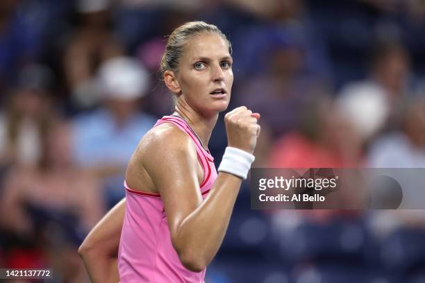 Karolina Pliskova of Czech Republic celebrates a point against Victoria Azarenka during their Women’s Singles Fourth Round match on Day Eight of the...
