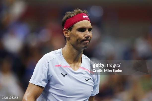 Rafael Nadal of Spain reacts against Frances Tiafoe of the United States during their Men’s Singles Fourth Round match on Day Eight of the 2022 US...