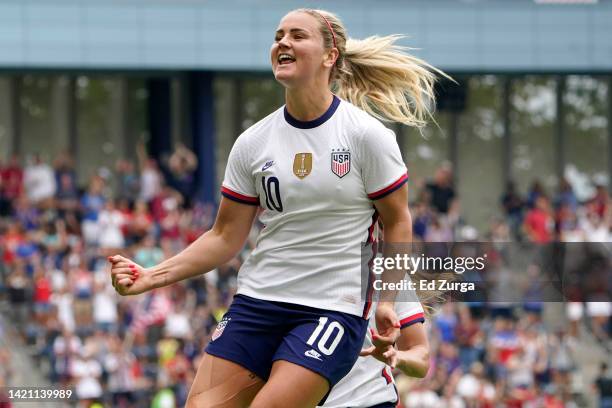 Lindsey Horan of United States celebrates a goal against Nigeria during an international friendly at Children's Mercy Park match on September 3, 2022...